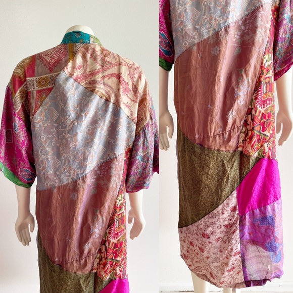 Sacred Threads Silk Kimono Robe Multicolor Patchwork Small - Picture 5 of 16